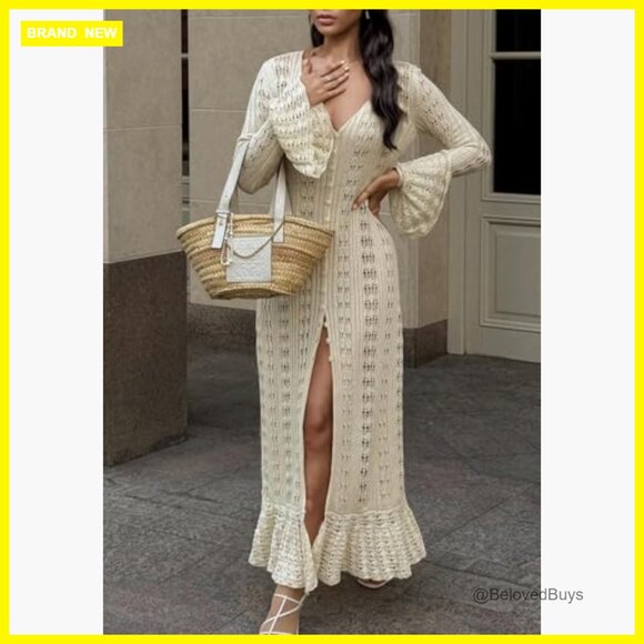 Long Cardigan Sweater Maxi Dress Button Down Boho Crochet Cover Up - Picture 4 of 7